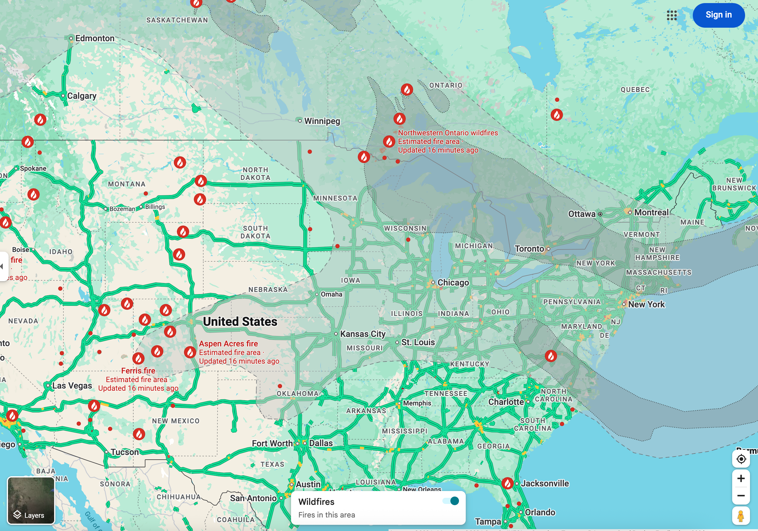 Live map showing active wildfires burning across Northern Ontario and the northern United States